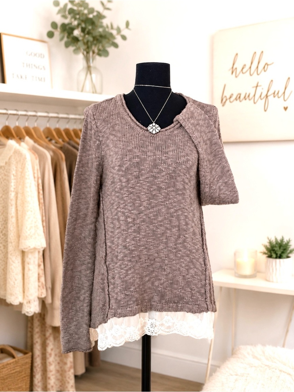 HIPPIE ROSE Lightweight Long Sleeve Taupe Knit Crew Sweater w/Lace Hemline